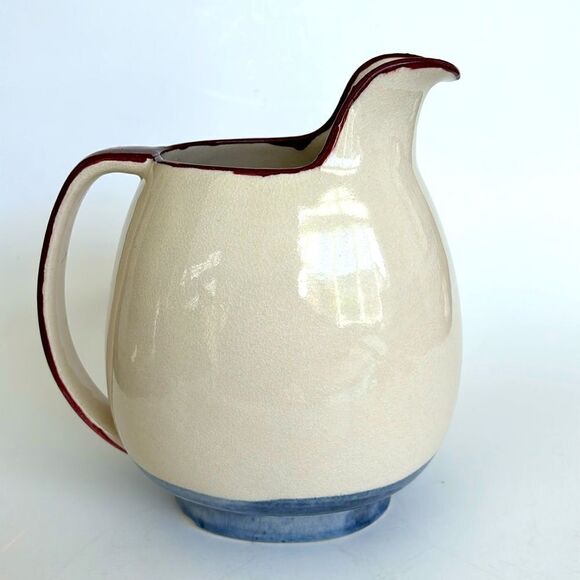 Winfield Pasadena Pottery Pitcher Vintage Cream Blue Burgandy 7.5” - Picture 1 of 11